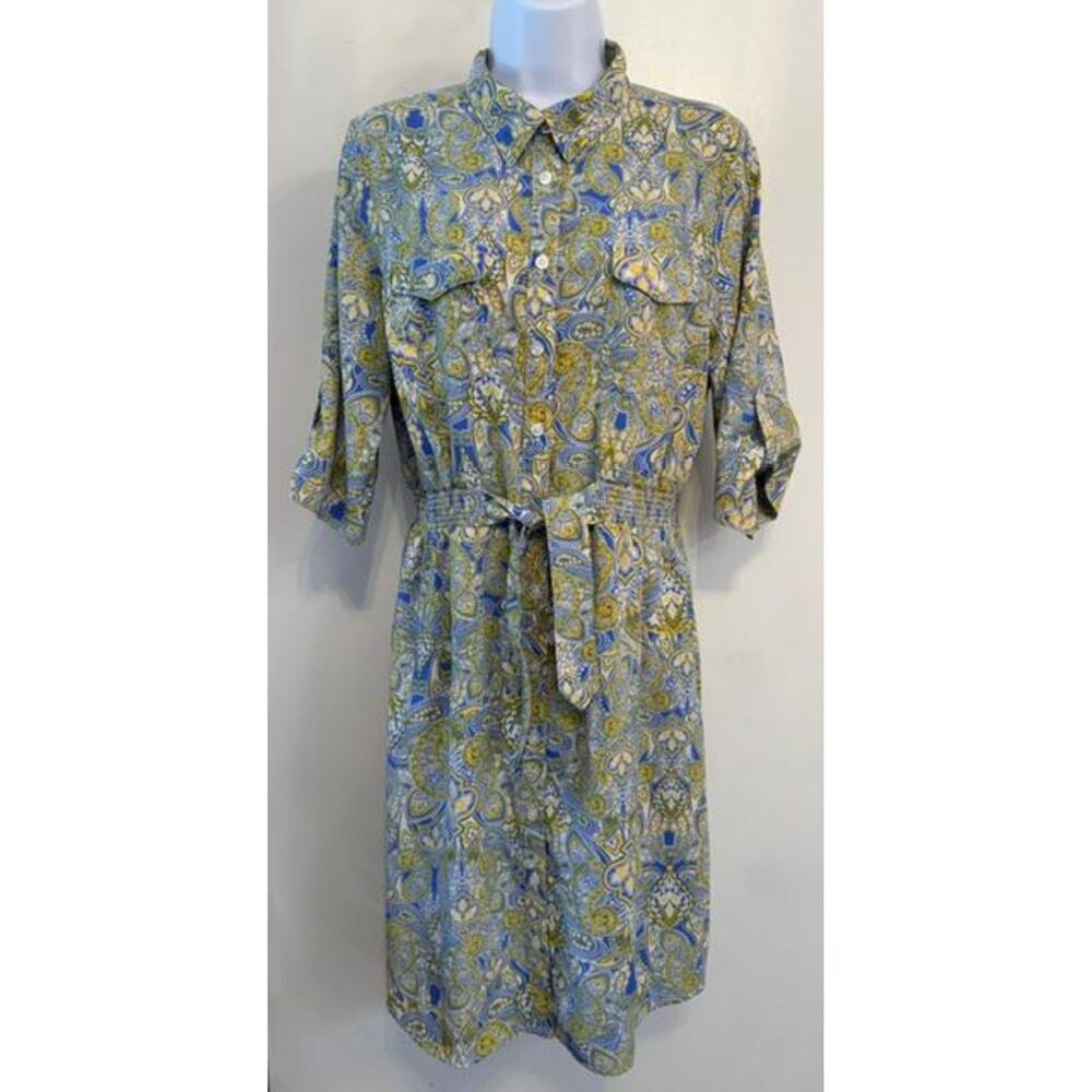 Millenium Paisley Shirt Dress Button Front Pocket Blue Green Gold L